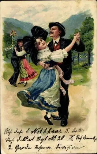Litho Alsacienne, Elsässerin in Tracht, Tanzpaare
