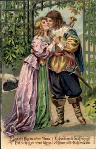 Präge Litho Trompeter, Liebespaar, Kuss