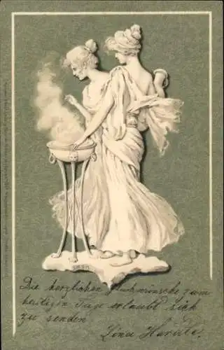 Jugendstil Ak Zwei Frauen stehen um ein Dreibein, Wahrsagerinnen