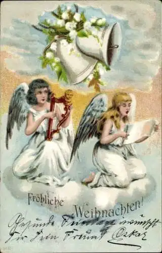 Litho Glückwunsch Weihnachten, Singende Engel, Glocken, Harfe