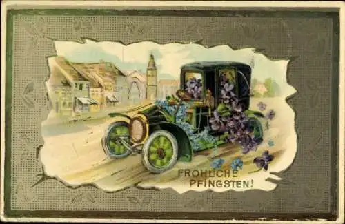 Präge Passepartout Ak Glückwunsch Pfingsten, Automobil