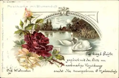 Präge Litho Schwäne, Teich, Rosen, Sonnenschein, Blumenduft