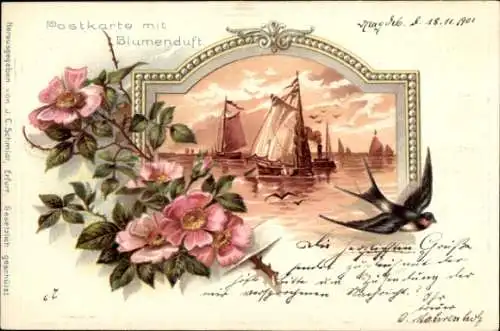 Präge Passepartout Litho mit Blumenduft, Segelboote, Schwalbe