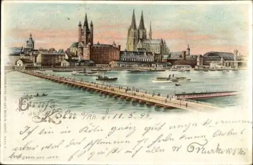 Litho Köln am Rhein, Rheinpanorama, Brücke, Dom