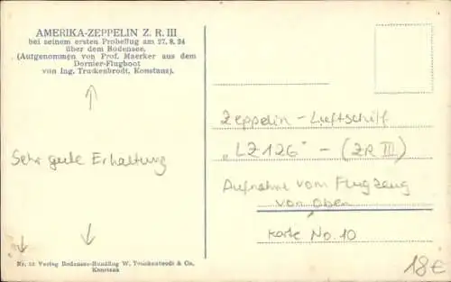 Ak Amerika Zeppelin ZR III, Luftschiff LZ 126, Fliegeraufnahme