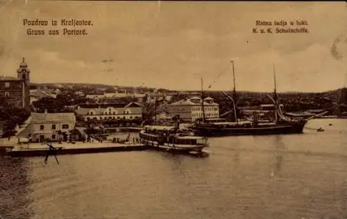 Ak Kraljevica Porto Ré Kroatien, Kuk Schulschiffe im Hafen