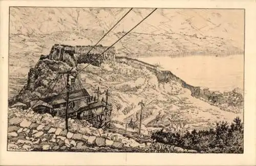 Künstler Ak Kuk Armee, Alpenkrieg, Seilbahn Cattaro Cetinje, Montenegro, 1. WK