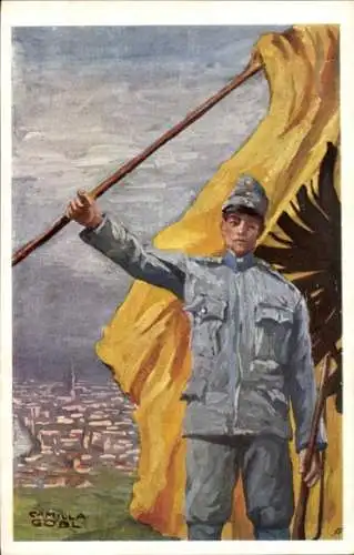 Künstler Ak Göbl, Camilla, Kuk Armee, Soldat mit Flagge, Kriegsfürsorgekarte, 1. WK