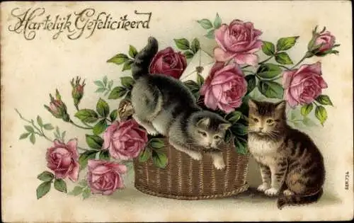 Präge Ak Glückwunsch, Katzen, Rosen, Blumenkorb