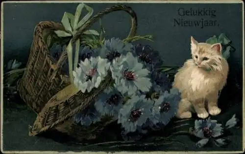 Präge Ak Glückwunsch Neujahr, Blumenkorb, Weiße Katze