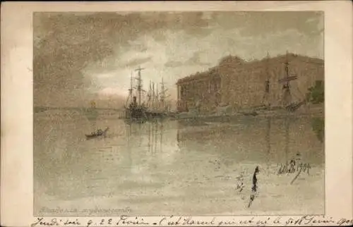 Künstler Ak Segelschiffe, Hafen, Amtsgebäude