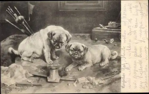 Künstler Litho Zwei Hunde spielen mit Farben, Pinsel, Maler-Atelier