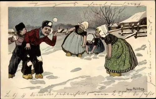 Ak Mühlberg an der Elbe, Kinder beim Schneeballwerfen