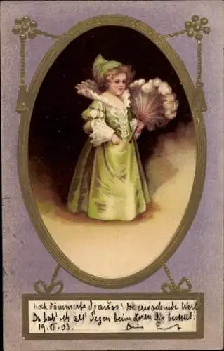 Präge Passepartout Litho Mädchen mit Blumenstrauß, Gratulantin