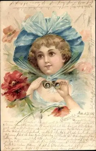 Litho Mädchen mit blauem Hut und Opernglas vor rotem Mohn