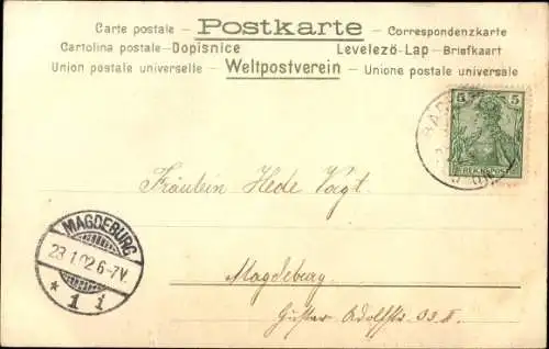 Litho Mädchen mit blauem Hut und Opernglas vor rotem Mohn