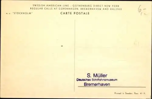 Ak Dampfer Stockholm, Swedish American Line, SAL