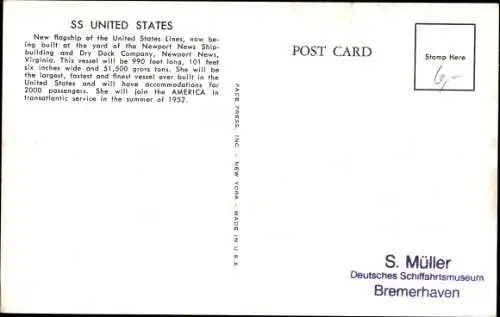Ak Dampfer S.S. United States, United States Line, USL