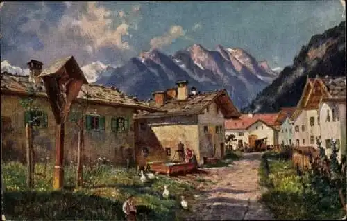 Künstler Ak Dorf, Wohnhäuser, Straße, Gebirge