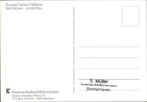 Ak Frachtschiff, Europa Tanker TS Bonn