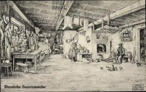 Künstler Ak Russland, Russische Bauernstube, Kamin, Küche