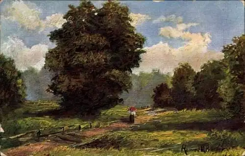 Künstler Ak Landschaft, Wiese, Bäume, Frau