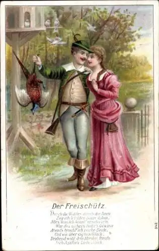 Ak Liebespaar, Jäger mit erlegtem Huhn, Jagd