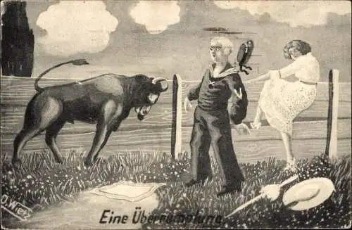 Künstler Ak Wietz, D., Stier greift ein Liebespaar an, Matrose in Uniform