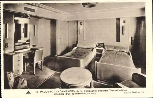 CPA Paquebot Normandie, Chambre d'un appartement de lux, CGT, French Line