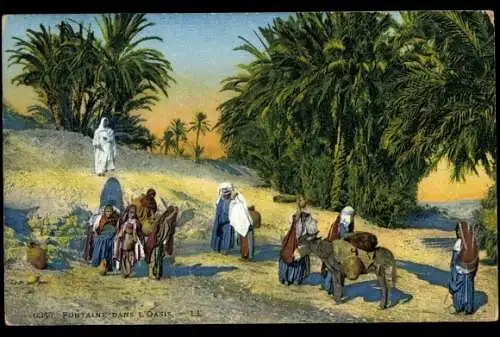 CPA Tunis Tunisie, Fontaine dans l'Oasis