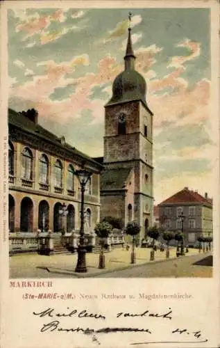 Ak Sainte Marie aux Mines Markirch Elsass Haut Rhin, Neues Rathaus und Magdalenenkirche