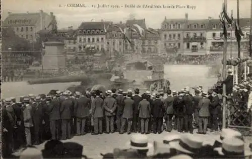 Ak Colmar Kolmar Elsass Haut Rhin, 14 Juillet 1919. Défilé de l'Artillerie lourde Place Rapp