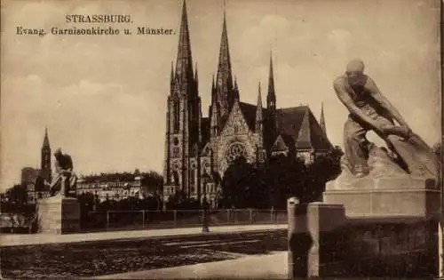 Ak Straßburg Elsass Bas Rhin, Evangelische Garnisonskirche und Münster