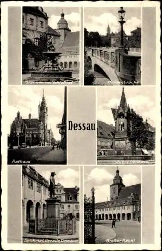 Ak Dessau in Sachsen Anhalt, Brunnen im Schlosshof, Rathaus, Jubel-Denkmal, Großer Markt