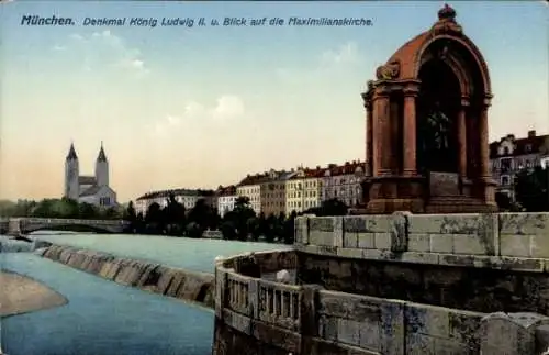 Ak München, Denkmal König Ludwig II. und Blick auf die Maximilianskirche