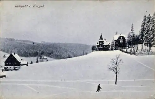 Ak Rehefeld Zaunhaus Altenberg im Erzgebirge, Verschneite Winterlandschaft mit zwei Häusern, d...