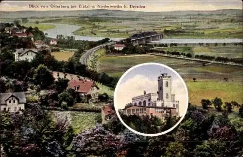 Ak Dresden Cossebaude Niederwartha, Blick vom Osterberg ins Elbtal u. Niederwartha b. Dresden