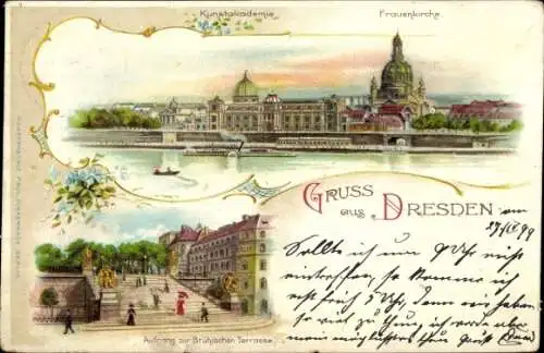 Litho Dresden Altstadt, Frauenkirche, Kunstakademie, Aufgang zur Brühlschen Terrasse