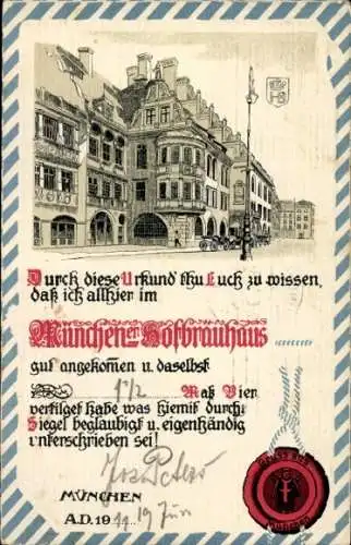 Ak München, Hofbräuhaus, Urkunde, Siegel