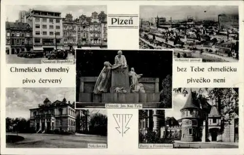 Ak Plzeň Pilsen Stadt, Denkmal für Josef Kajetan Tyl, Sokolovna, Bašty u Františkánů, Meltansk...