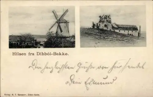 Ak Dybbøl Düppel Dänemark, Windmühle, zerstörte Kirche