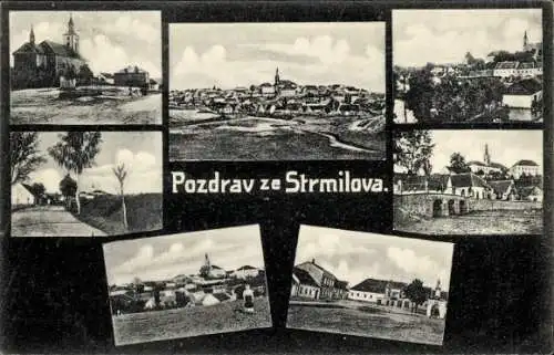 Ak Strmilov Südböhmen, Gesamtansicht, Teilansichten, Brücke, Kirche
