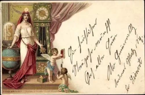 Litho Kleine Engel, Frau in weißem Kleid, Globus, Uhren, Kitsch