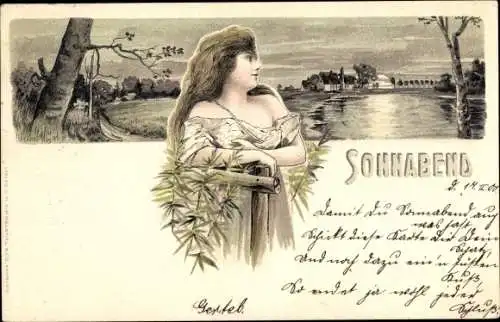 Litho Wochentag, Sonnabend, Junge Frau, Teich