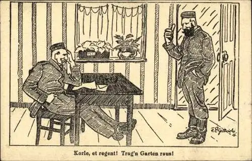 Ak Soldatenleben, Soldat am Schreibtisch, Korle, et regnet, Trag'n Garten raun