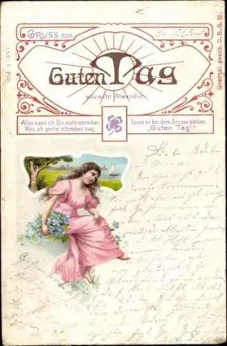 Litho Guten Tag wünscht Absender, Junge Frau mit Blumen, Kitsch