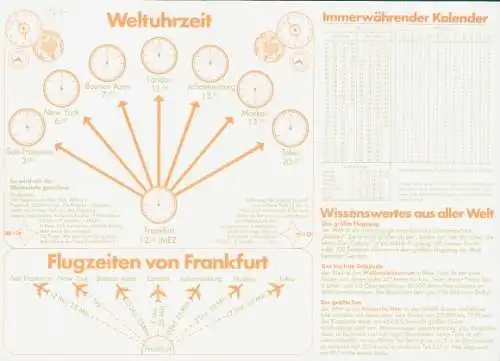 Stundenplan Reklame, Singer, Frau mit Schirm, Weltuhrzeit, Flugzeiten von Frankfurt, Kalender