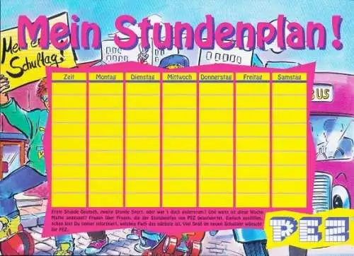 Stundenplan Reklame, Bei PEZ passt eins zum anderen, Outfits für Spielzeugfiguren