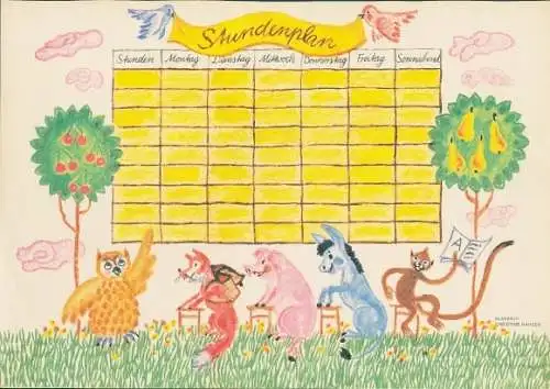 Stundenplan Tiere im der Schule, Eule, Fuchs, Schwein, Esel, Affe