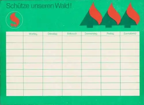 Stundenplan Reklame, Schütze unseren Wald, Eiche, Birke, Ficht, Kiefer, Rotbuche, Erle